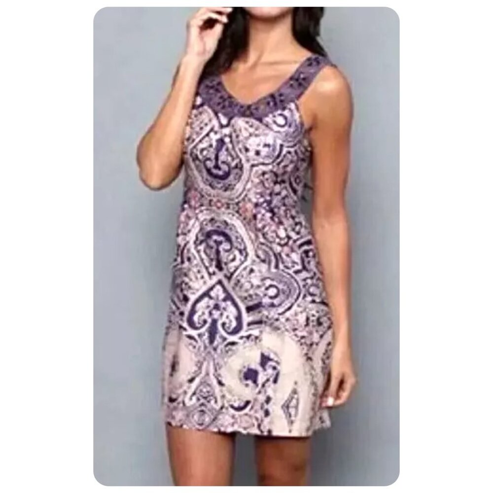!! Free People Purple Folklore Paisley Sleeveless Dress w/ Jewel Trim sz 6 - Picture 3 of 9